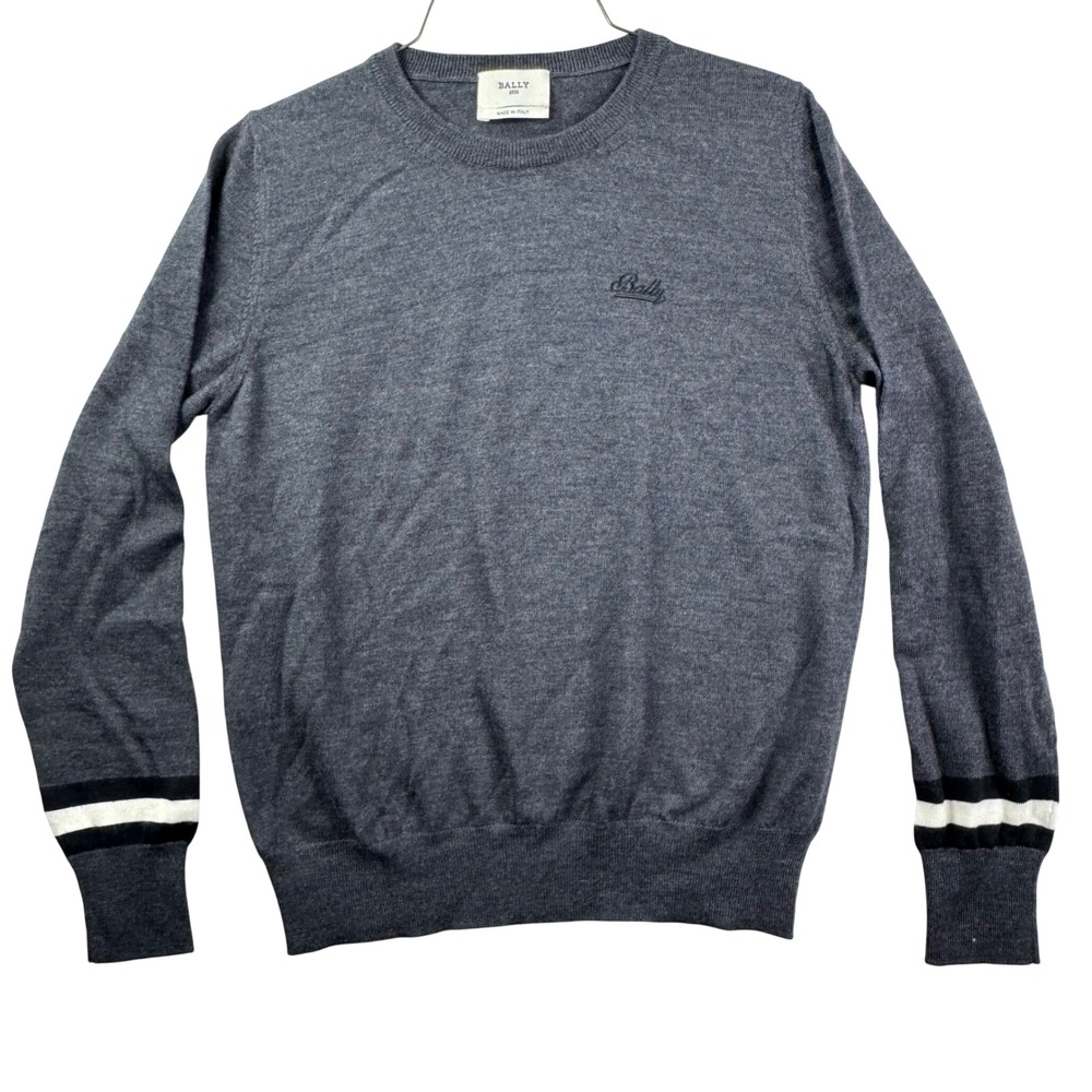 Bally Crewneck Sweater Womens 6 Gray Merino Wool Striped Cuffs Italy Luxury